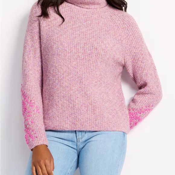 Pink Turtleneck Sweater With Sleeve Embroidery - Picture 3 of 7